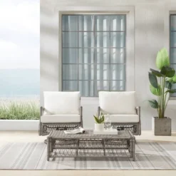 3pc Thatcher Outdoor Steel Conversation Set Creme/Driftwood - Crosley -Sunnydaze Decor Store GUEST 9e5332d9 0e1b 4450 ad58 34a462736a72