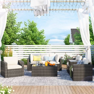 7pc Wicker Patio Seating Set With Cushions & Storage Box - Gray/Beige - GODEER 3 7pc Wicker Patio Seating Set With Cushions & Storage Box - Gray/Beige - GODEER
