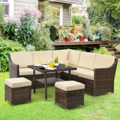 Tangkula 6PCS Patio Rattan Furniture Set All-Weather Sectional Cushioned Sofa Ottoman Dining Table Lower Shelf