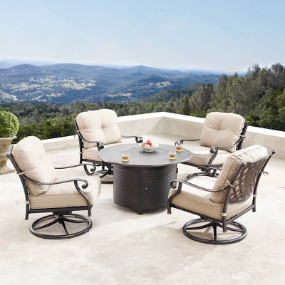 5pc Outdoor Dining Set With 44" Round Fire Table, 4 Deep Seating Swivel Rocking Chairs & Table Fabric Covers - Tan/Copper - Oakland Living 3 5pc Outdoor Dining Set With 44" Round Fire Table, 4 Deep Seating Swivel Rocking Chairs & Table Fabric Covers - Tan/Copper - Oakland Living