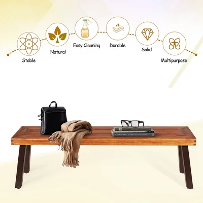 Costway Patio Acacia Wood Dining Bench Seat With Rustic Steel Legs For Outdoor Indoor 7 Costway Patio Acacia Wood Dining Bench Seat With Rustic Steel Legs For Outdoor Indoor - Image 5