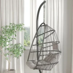 Merrick Lane Foldable Woven Hanging Egg Chair In Gray With Removable Gray Cushions And Stand For Indoor And Outdoor Use -Sunnydaze Decor Store GUEST a5126a54 2462 47e6 a3a0 6c97ce18a71b
