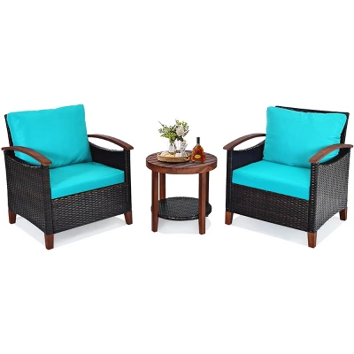Tangkula 3-Piece Patio Rattan Bistro Set Acacia Wood Frame Sofa And Side Table 15 Tangkula 3-Piece Patio Rattan Bistro Set Acacia Wood Frame Sofa And Side Table - Image 13