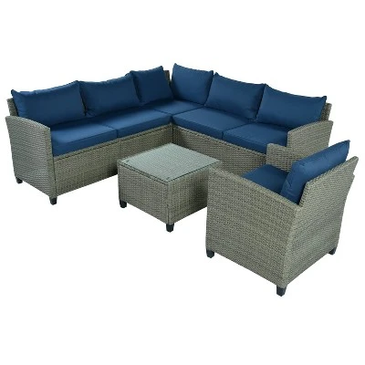 5pc Outdoor Wicker Conversation Set With Cushions - Blue - GODEER 4 5pc Outdoor Wicker Conversation Set With Cushions - Blue - GODEER - Image 2