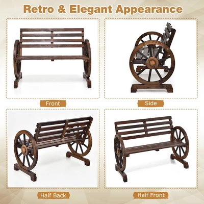 Costway Outdoor Wooden Wagon Wheel Garden Bench 2-Person Slatted Seat Armrests Rustic 10 Costway Outdoor Wooden Wagon Wheel Garden Bench 2-Person Slatted Seat Armrests Rustic - Image 8