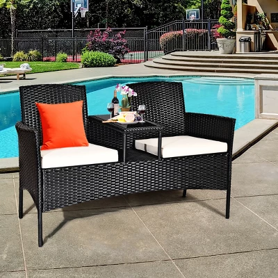 Costway Patio Rattan Conversation Set Seat Sofa Cushioned Loveseat Glass Table Chairs 3 Costway Patio Rattan Conversation Set Seat Sofa Cushioned Loveseat Glass Table Chairs