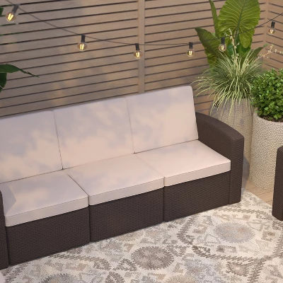 Merrick Lane Outdoor Furniture Resin Sofa Chocolate Brown Faux Rattan Wicker Pattern Patio 3-Seat Sofa With All-Weather Beige Cushions 6 Merrick Lane Outdoor Furniture Resin Sofa Chocolate Brown Faux Rattan Wicker Pattern Patio 3-Seat Sofa With All-Weather Beige Cushions - Image 4