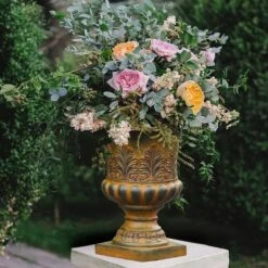 LuxenHome Weathered Brown Decorative MgO Urn Planter