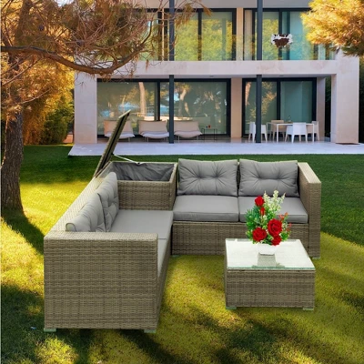 4pc Wicker Patio Conversation Seating Set With Thick Cushions - Gray - GODEER 6 4pc Wicker Patio Conversation Seating Set With Thick Cushions - Gray - GODEER - Image 4