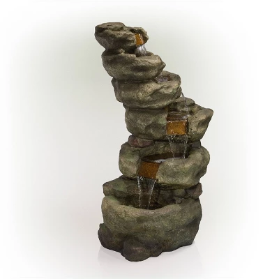 48" Resin Outdoor Multi-Tier Pristine Waterfall Fountain With LED Lights Dark Moss Green - Alpine Corporation 4 48" Resin Outdoor Multi-Tier Pristine Waterfall Fountain With LED Lights Dark Moss Green - Alpine Corporation - Image 2