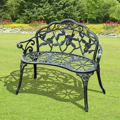 Outsunny Garden Bench Loveseat With Floral Rose Style, Cast Aluminum Frame For Outdoor, Patio, Park, Deck, Antique Green 4 Outsunny Garden Bench Loveseat With Floral Rose Style, Cast Aluminum Frame For Outdoor, Patio, Park, Deck, Antique Green - Image 2
