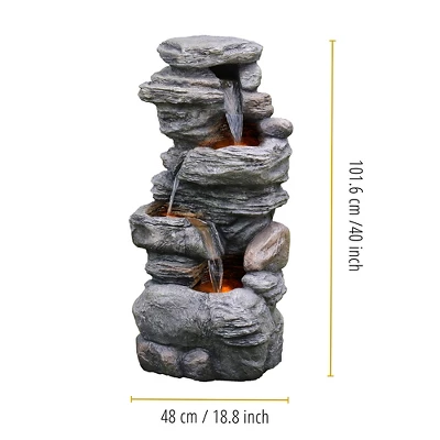 Teamson Home 39.37" Outdoor Faux Stone 4-Tier Water Fountain With LED, Gray 7 Teamson Home 39.37" Outdoor Faux Stone 4-Tier Water Fountain With LED, Gray - Image 5