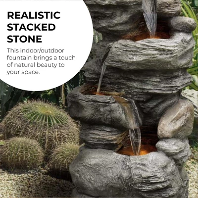 Teamson Home 39.37" Outdoor Faux Stone 4-Tier Water Fountain With LED, Gray 6 Teamson Home 39.37" Outdoor Faux Stone 4-Tier Water Fountain With LED, Gray - Image 4