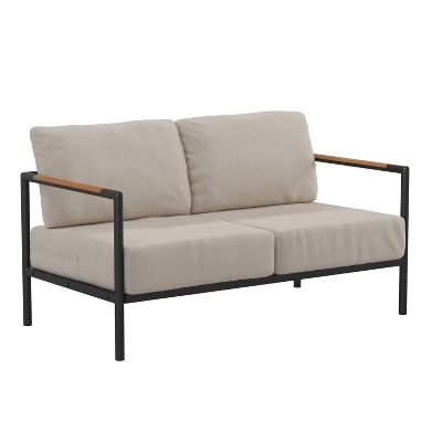 Flash Furniture Indoor/Outdoor Patio Loveseat With Cushions - Modern Aluminum Framed Loveseat With Teak Accent Arms 13 Flash Furniture Indoor/Outdoor Patio Loveseat With Cushions - Modern Aluminum Framed Loveseat With Teak Accent Arms - Image 11