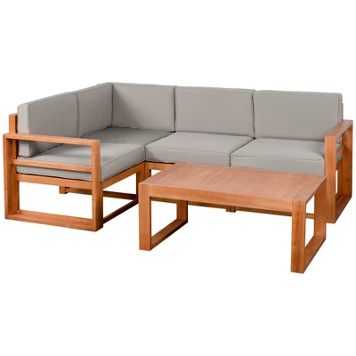 Outsunny 4 Seater L Shaped Patio Furniture Set, Wood Outdoor Sectional Sofa Conversation Set With Coffee Table And Cushions For Garden, Gray 4 Outsunny 4 Seater L Shaped Patio Furniture Set, Wood Outdoor Sectional Sofa Conversation Set With Coffee Table And Cushions For Garden, Gray - Image 2