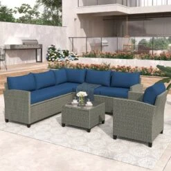 5pc Outdoor Wicker Conversation Set With Cushions - Blue - GODEER