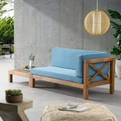 2pc Brava Outdoor Acacia Wood Right Arm Loveseat & Coffee Table With Cushion Teak/Blue - Christopher Knight Home -Sunnydaze Decor Store GUEST b6f2328d 7a77 485b 86bd 60fde3cf808f