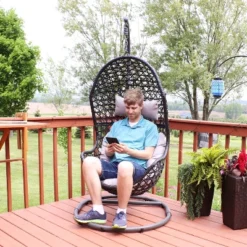 Sunnydaze Decor Sunnydaze Outdoor Resin Wicker Patio Cordelia Hanging Basket Egg Chair Swing With Cushion, Headrest, And Steel Stand Set- 3pc -Sunnydaze Decor Store GUEST b76bbcdd 19c9 4ef1 91d7 f9133e06b304