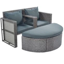 2pc Outdoor Wicker Conversation Sectional Set With Cushions & Half-Moon Side Table For Umbrella - Gray - GODEER -Sunnydaze Decor Store GUEST b7c7ee58 df71 4f74 ae59 ce01bb2d4490