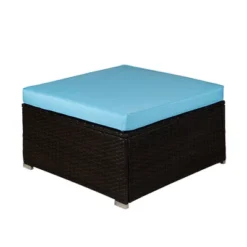 5pc Outdoor Rattan Wicker Conversation Set With Sofas, Chair, Coffee Table & Ottoman - Brown/Blue - GODEER -Sunnydaze Decor Store GUEST b8102232 db12 4f4e 8a78 163e6ee60eed