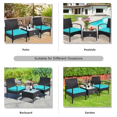 Tangkula 3 PCS Patio Wicker Rattan Furniture Set Coffee Table & 2 Rattan Chair W/ Cushion Turquoise 6 Tangkula 3 PCS Patio Wicker Rattan Furniture Set Coffee Table & 2 Rattan Chair W/ Cushion Turquoise - Image 4