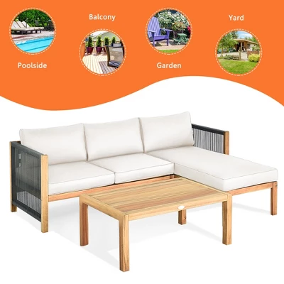 Tangkula 3PCS Patio Acacia Wood Sofa Furniture Set Thick Cushion W/ Nylon Rope Armrest Gray/White 4 Tangkula 3PCS Patio Acacia Wood Sofa Furniture Set Thick Cushion W/ Nylon Rope Armrest Gray/White - Image 2