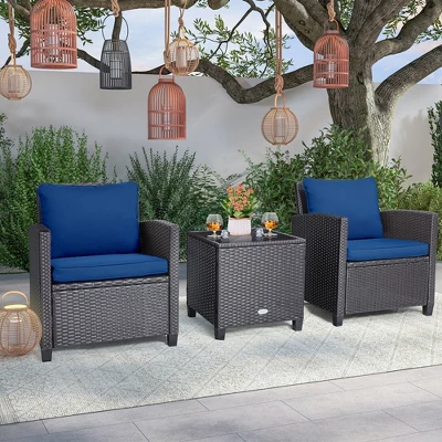 Costway 3PCS Patio Wicker Furniture Set With Beige & Navy Cushion Covers Balcony 6 Costway 3PCS Patio Wicker Furniture Set With Beige & Navy Cushion Covers Balcony - Image 4