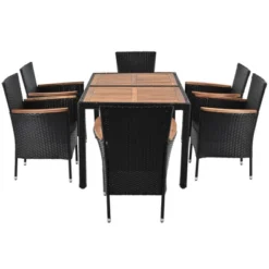 7pc Outdoor Wicker Dining Set With Acacia Wood Tabletop & Cushions - Beige - GODEER -Sunnydaze Decor Store GUEST bb60a3f3 7c39 44c4 b54d e48e87093a64