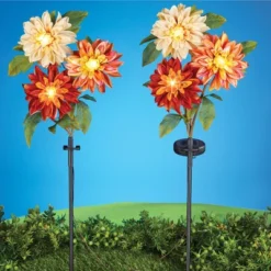 Collections Etc Solar Powered Dahlia Garden Stakes - Set Of 2