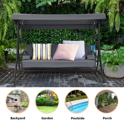 Costway Patio 3-Seat Porch Canopy Swing Converting Grey Cushion Pillow Adjust 5 Costway Patio 3-Seat Porch Canopy Swing Converting Grey Cushion Pillow Adjust - Image 3