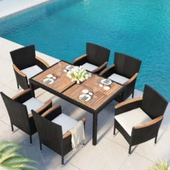 7pc Outdoor Wicker Dining Set With Acacia Wood Tabletop & Cushions - Beige - GODEER -Sunnydaze Decor Store GUEST be8571f7 5088 42e4 9183 b6c67a93440d