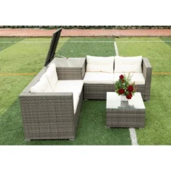 4pc Wicker Patio Seating Set With Cushions - Gray/Beige - GODEER -Sunnydaze Decor Store GUEST bed6c083 231a 488e 8d2c c3cbaeff7856
