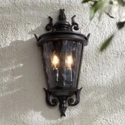 John Timberland Casa Marseille Vintage Rustic Outdoor Wall Light Fixture Textured Black Scroll 17" Clear Hammered Glass For Post Exterior Barn Deck
