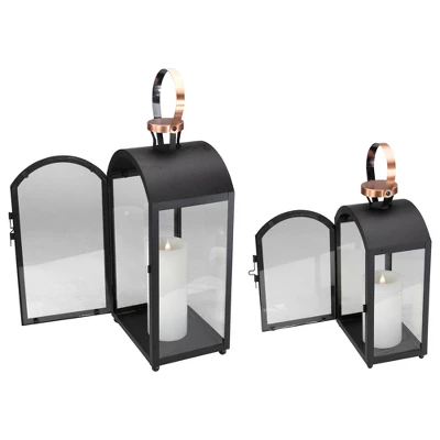 Melrose Set Of 2 Black Metal Dome Lanterns With Copper Handle 20" 6 Melrose Set Of 2 Black Metal Dome Lanterns With Copper Handle 20" - Image 4