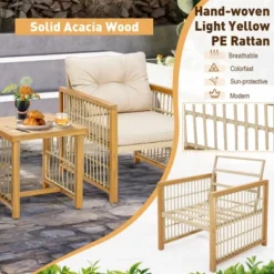 Costway 3PCS Patio PE Wicker Conversation Set Acacia Wood Frame WithSeat & Back Cushions -Sunnydaze Decor Store GUEST c277174d c10c 4b60 9166 f25ad488a162