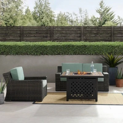 Beaufort 3 Pc Outdoor Wicker Conversation Set Loveseat And Chair With Fire Table - Mist/Brown - Crosley 6 Beaufort 3 Pc Outdoor Wicker Conversation Set Loveseat And Chair With Fire Table - Mist/Brown - Crosley - Image 4