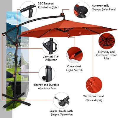 Costway 10FT Patio Offset Umbrella Solar LED 360degrees Rotation Orange 8 Costway 10FT Patio Offset Umbrella Solar LED 360degrees Rotation Orange - Image 6