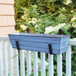 ACHLA Designs 22" Wide Rectangular Galvanized Steel Flower Box With Black Wrought Iron Clamp-On Brackets Nantucket Blue