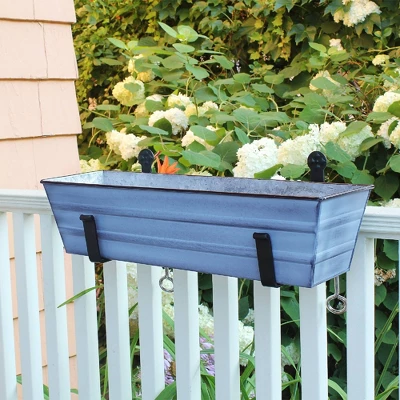 ACHLA Designs 22" Wide Rectangular Galvanized Steel Flower Box With Black Wrought Iron Clamp-On Brackets Nantucket Blue 3 ACHLA Designs 22" Wide Rectangular Galvanized Steel Flower Box With Black Wrought Iron Clamp-On Brackets Nantucket Blue