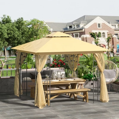 Outsunny 10' X 10' Outdoor Patio Gazebo Canopy With 2-Tier Polyester Roof, Mesh Netting Sidewalls, And Steel Frame 4 Outsunny 10' X 10' Outdoor Patio Gazebo Canopy With 2-Tier Polyester Roof, Mesh Netting Sidewalls, And Steel Frame - Image 2