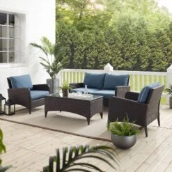 Kiawah 4pc Outdoor Wicker Conversation Set With Sofa, Arm Chairs & Coffee Table Blue - Crosley -Sunnydaze Decor Store GUEST c41b752f feb5 467b a363 f8f903959316