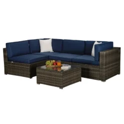 5pc Outdoor Rattan Wicker Sectional Conversation Set With Cushions - Brown/Blue - GODEER 12 5pc Outdoor Rattan Wicker Sectional Conversation Set With Cushions - Brown/Blue - GODEER -Sunnydaze Decor Store GUEST c431f990 0f0c 4401 ac88 73df5d5b479b