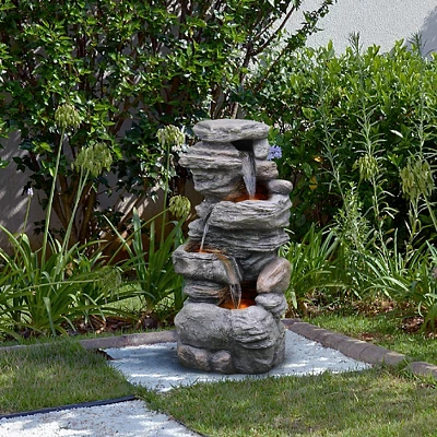 Teamson Home 39.37" Outdoor Faux Stone 4-Tier Water Fountain With LED, Gray 9 Teamson Home 39.37" Outdoor Faux Stone 4-Tier Water Fountain With LED, Gray - Image 7