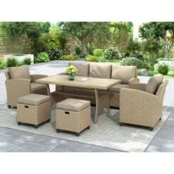 6pc Outdoor Wicker Conversation Set With Arm Chairs, Sofa, Ottomans & Coffee Table - Brown - GODEER -Sunnydaze Decor Store GUEST c5fbe146 48f1 4adf 97a3 20d07a001d33