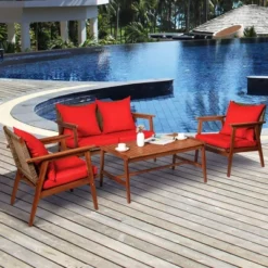 Costway 4PCS Patio Rattan Furniture Set Acacia Wood Frame Cushioned Sofa Chair