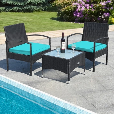 Tangkula 3 PCS Patio Wicker Rattan Furniture Set Coffee Table & 2 Rattan Chair W/ Cushion Turquoise 4 Tangkula 3 PCS Patio Wicker Rattan Furniture Set Coffee Table & 2 Rattan Chair W/ Cushion Turquoise - Image 2