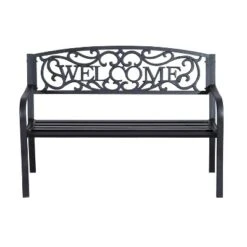 Outsunny 50" Outdoor Metal Welcome Bench, Powder Coated Cast Iron Sign & Steel Frame, 2 Person Bench With Antique Vine Motifs & Slatted Seat, Black -Sunnydaze Decor Store GUEST c84c0508 1ce3 465a 90ac b4f94e3b2254