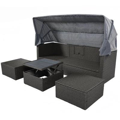 4pc Outdoor Wicker Rectangle Daybed With Canopy & Cushions - Gray - GODEER 7 4pc Outdoor Wicker Rectangle Daybed With Canopy & Cushions - Gray - GODEER - Image 5