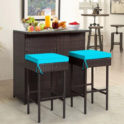 Tangkula 3PCS Patio Wicker Rattan Bar Set Table W/2 Turquoise Cushioned Stools 4 Tangkula 3PCS Patio Wicker Rattan Bar Set Table W/2 Turquoise Cushioned Stools - Image 2