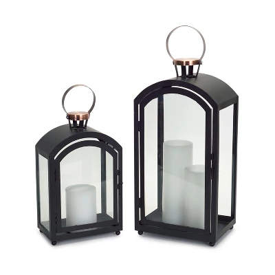Melrose Set Of 2 Black Metal Dome Lanterns With Copper Handle 20" 5 Melrose Set Of 2 Black Metal Dome Lanterns With Copper Handle 20" - Image 3
